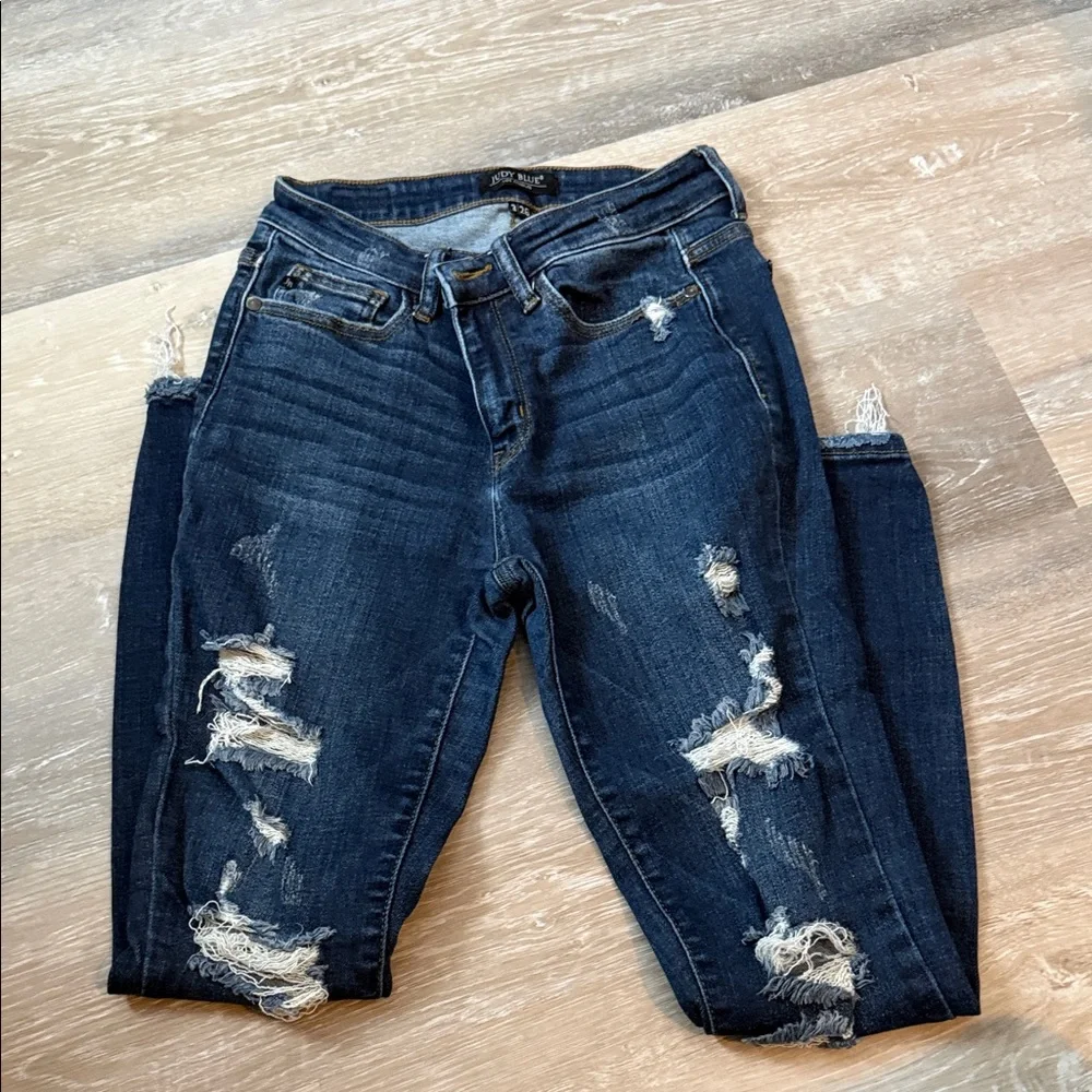 Judy Blue Dark Blue Distressed Skinny Jeans - Picture 4 of 6